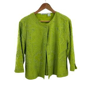 Joni B Lime Green Geometric Embroidered Jacket PM‎ Trapeze Blazer Boxy